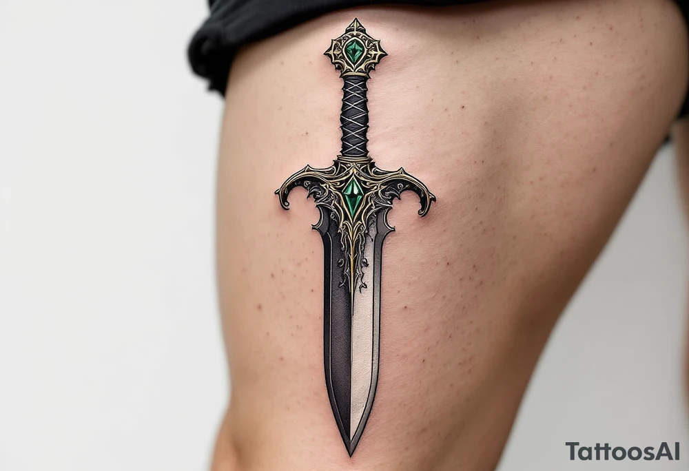 Vintage Ornate Dagger – A detailed dagger with intricate patterns along the blade and hilt, featuring golden accents and a deep emerald green gem in the pommel. The blade is shaded in dark steel gray with subtle silver highlights tattoo idea