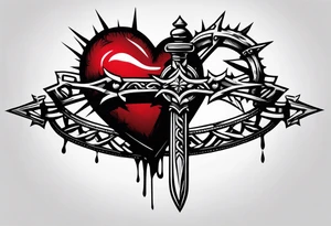 A simple design of a crown of thorns resting on the guard of a sword that is piercing a heart tattoo idea