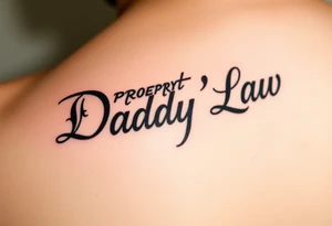 Lettering in calligraphy/cursive that says:
Property of
Daddy Law

(I want the "D" for Daddy and "L" in Law to be thick and dark) tattoo idea