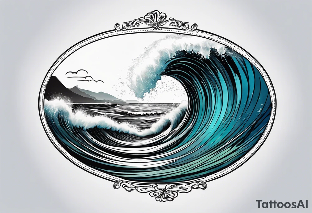 waves;  
"come what may" written underneath; outside forearm not an oval tattoo idea