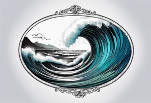 waves;  
"come what may" written underneath; outside forearm not an oval tattoo idea