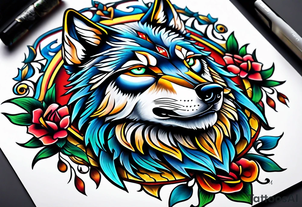 Neo traditional wolf head tattoo idea
