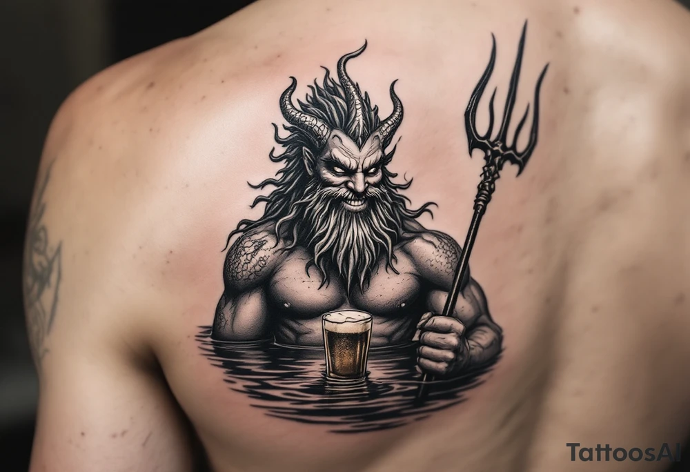 smiling poseidon, with a trident, in calm water, holding a beer tattoo idea