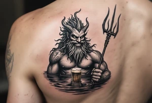smiling poseidon, with a trident, in calm water, holding a beer tattoo idea