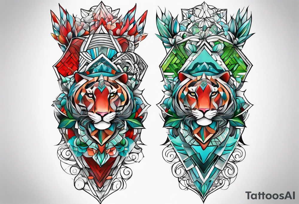geometric style tattoo on knee with baby blue, red, and green accents. growth and change tattoo idea