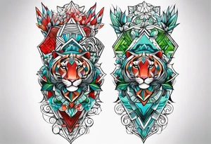 geometric style tattoo on knee with baby blue, red, and green accents. growth and change tattoo idea