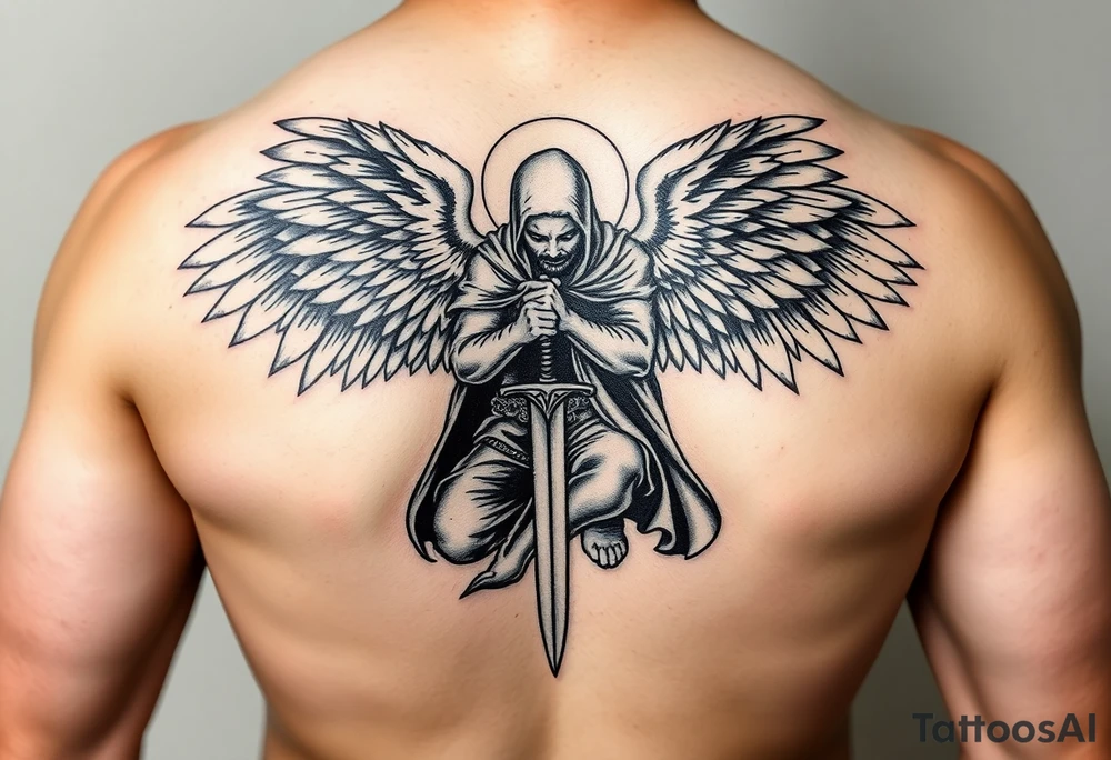 Warrior Angel with long sword  kneeling looking down cloak over head wings
 spread tattoo idea