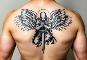 Warrior Angel with long sword  kneeling looking down cloak over head wings
 spread tattoo idea