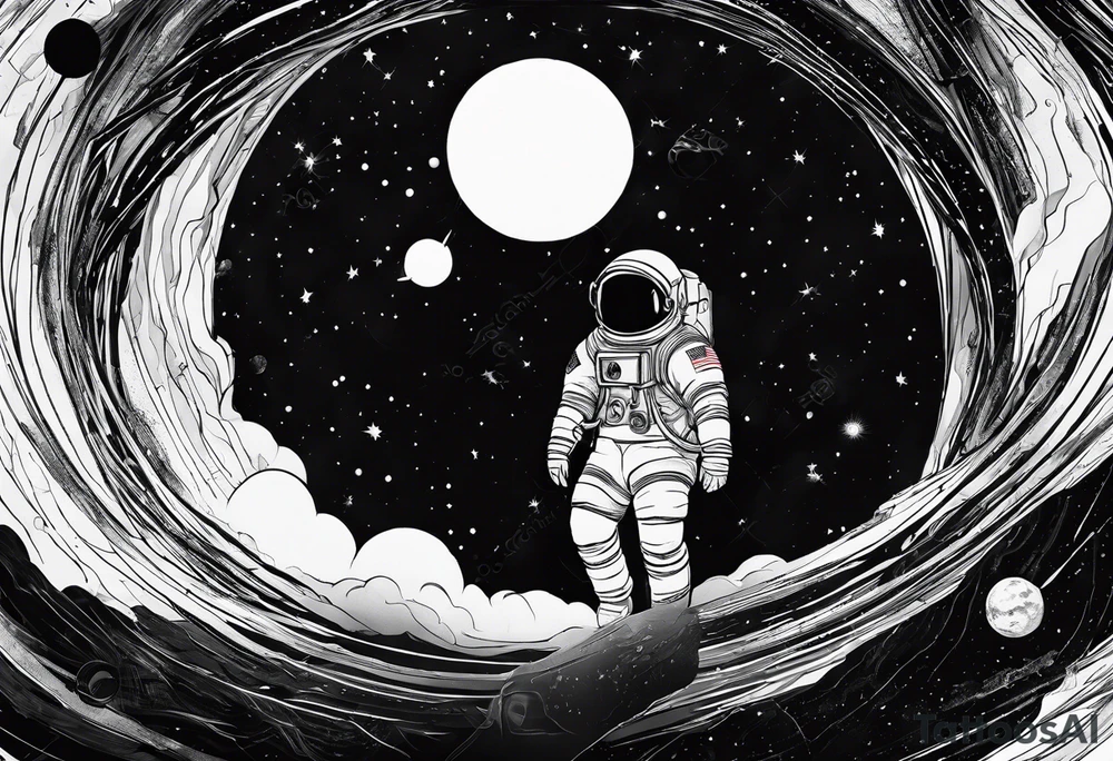 one astronaut reaching out into the void for his astronaut partner is being pulled into a black hole the looks identical to earth tattoo idea