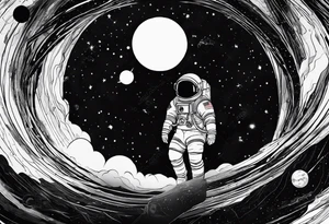 one astronaut reaching out into the void for his astronaut partner is being pulled into a black hole the looks identical to earth tattoo idea