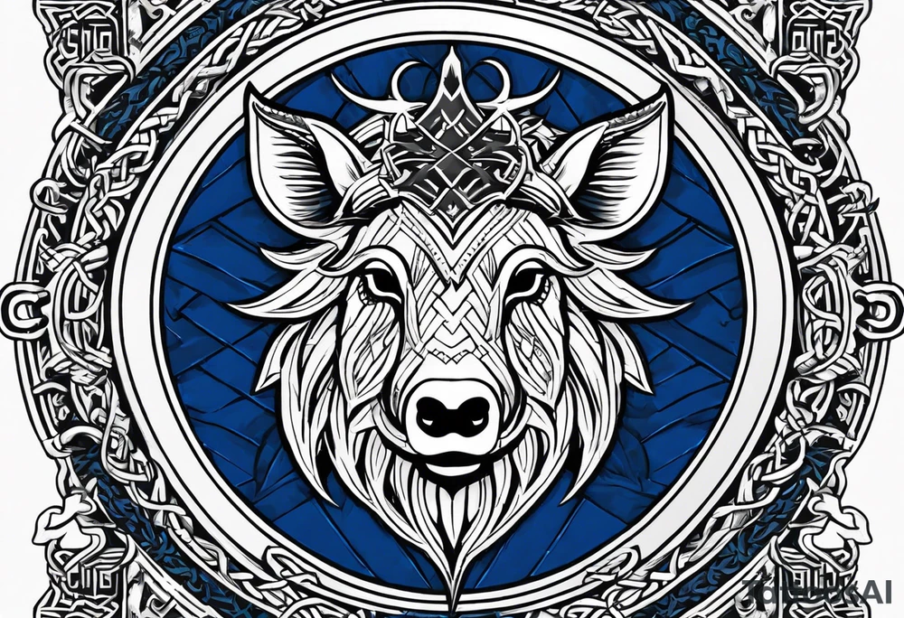A classic tribal Celtic boar Integrated with a Chatwin, family crest and a Thistle. Simple with few lines. Blue and gold Chevron Chatwin family crest tattoo idea