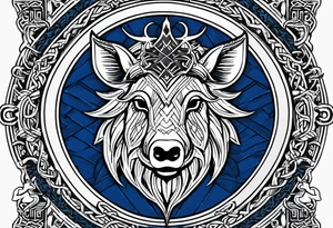 A classic tribal Celtic boar Integrated with a Chatwin, family crest and a Thistle. Simple with few lines. Blue and gold Chevron Chatwin family crest tattoo idea
