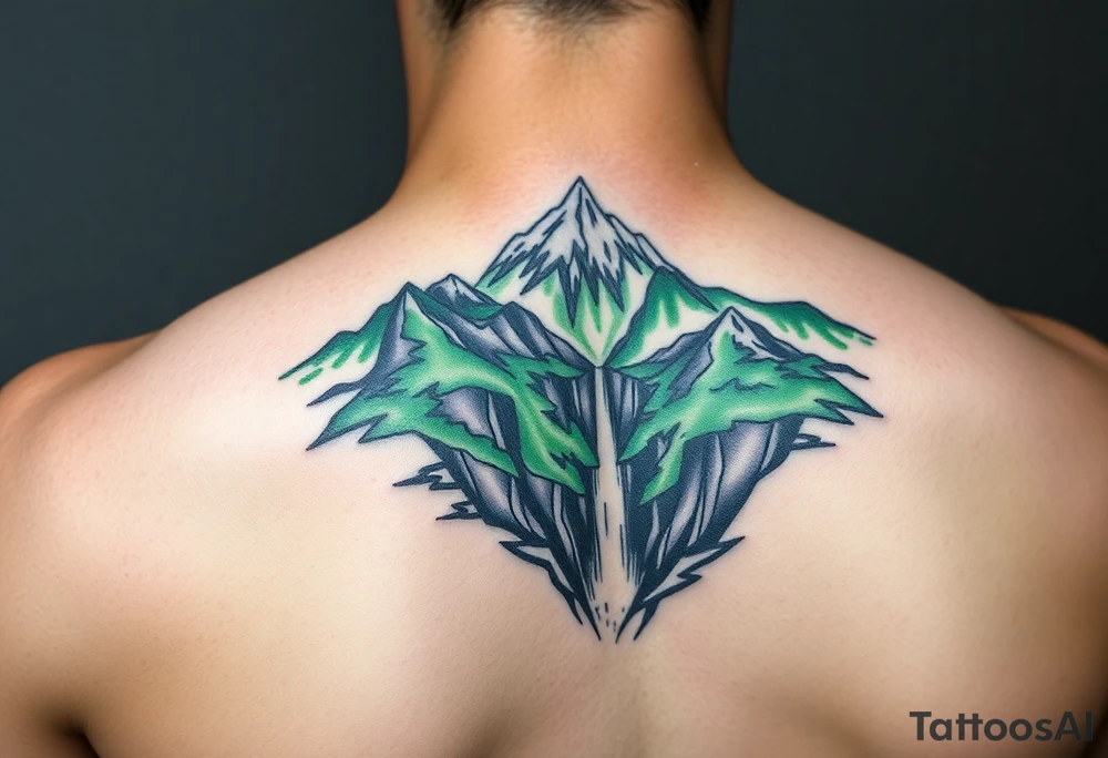 သား  surrounded by a colorful green mountainside with a waterfall tattoo idea