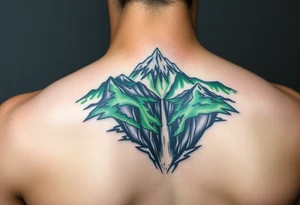 သား  surrounded by a colorful green mountainside with a waterfall tattoo idea