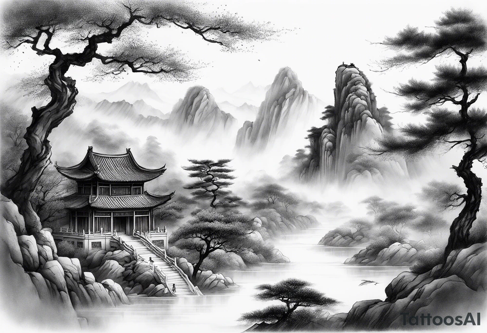forearm sleeve traditional chinese art painting style autumn mountains mist fog water Chinese temple 2 male philosophers wearing robes seated drinking tea far away in the distance tattoo idea