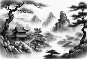 forearm sleeve traditional chinese art painting style autumn mountains mist fog water Chinese temple 2 male philosophers wearing robes seated drinking tea far away in the distance tattoo idea