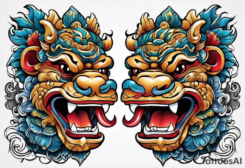 Traditional Okinawa shisa pair, One has their mouth closed, the other with their mouth open tattoo idea