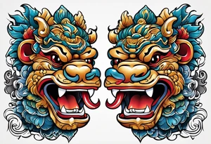 Traditional Okinawa shisa pair, One has their mouth closed, the other with their mouth open tattoo idea