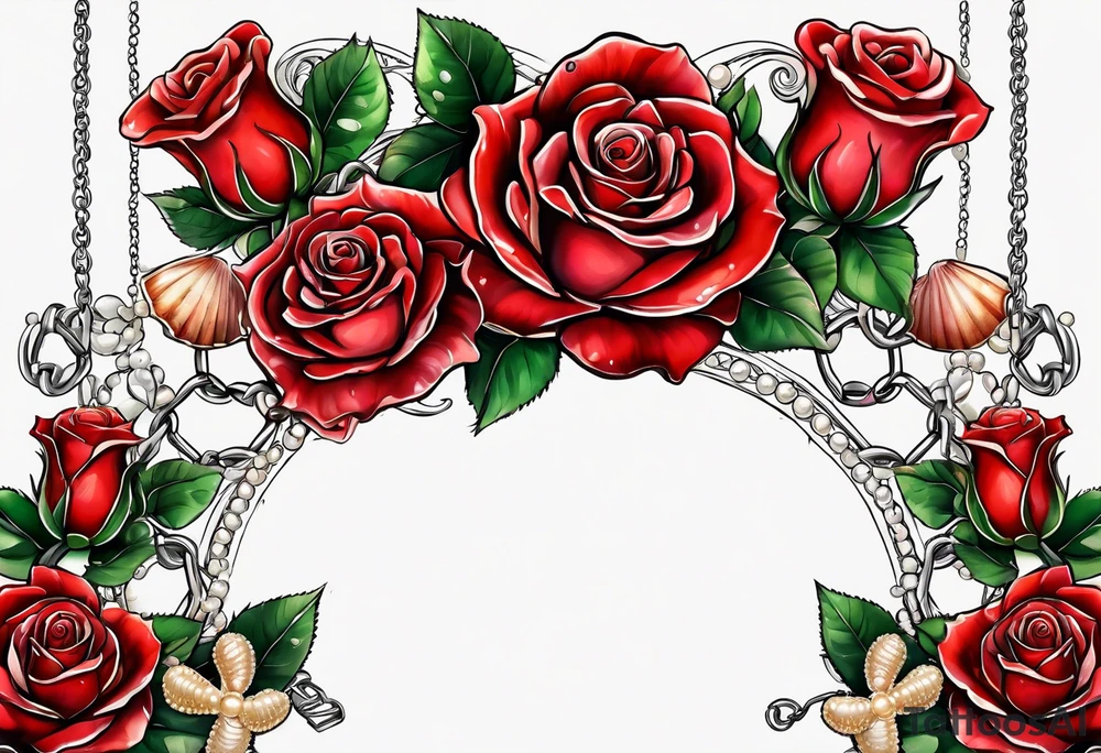 Red roses with a chain of pearls and seashells tattoo idea