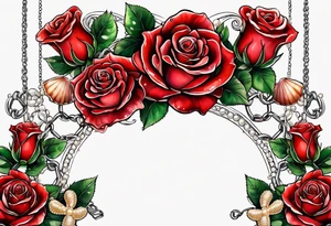 Red roses with a chain of pearls and seashells tattoo idea