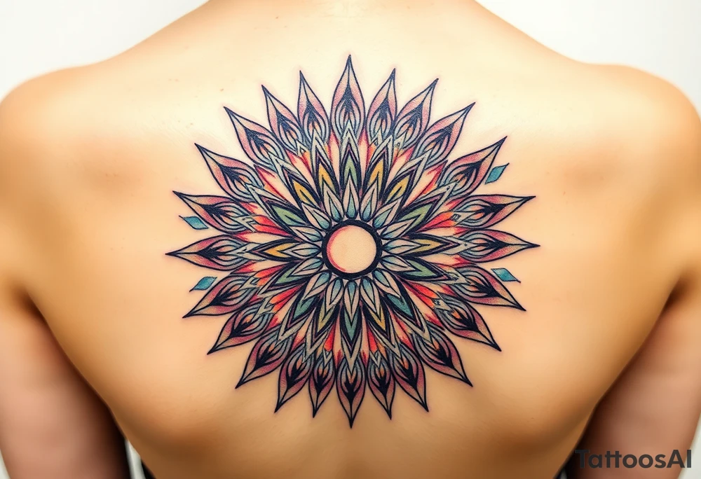 A sunburst pattern radiating from centered in round cyrcle of the the Flower of Life, embodying energy and vitality tattoo idea