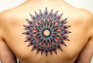 A sunburst pattern radiating from centered in round cyrcle of the the Flower of Life, embodying energy and vitality tattoo idea