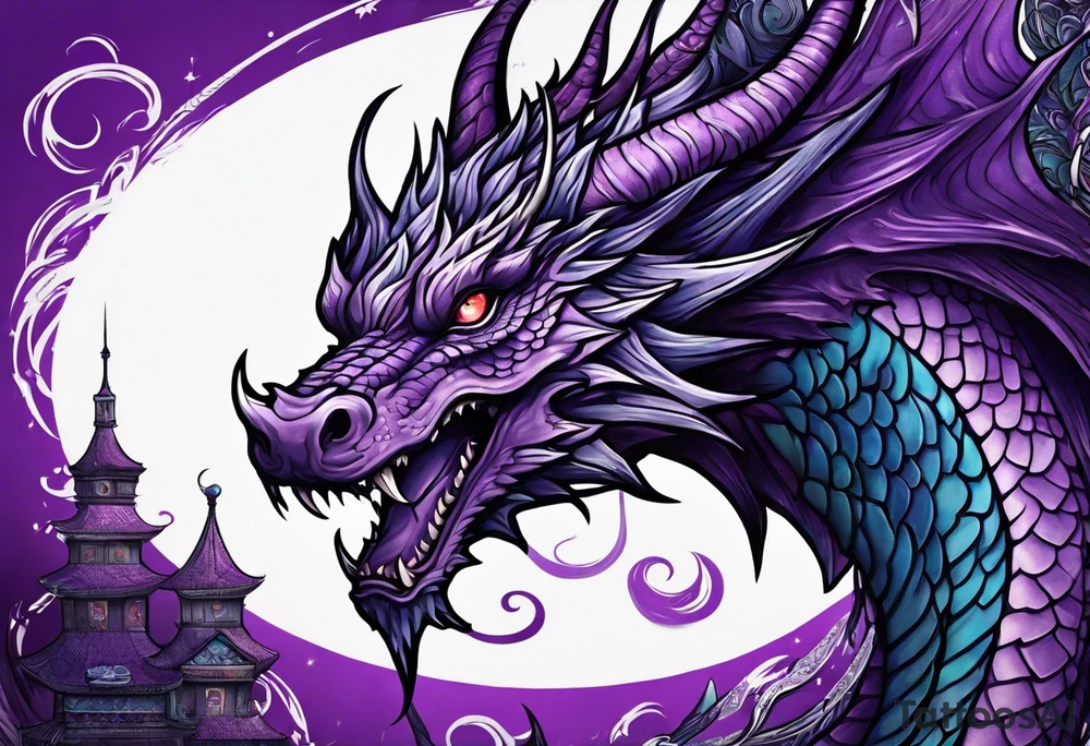 Purple dragon arm sleeve with an eldritch design tattoo idea