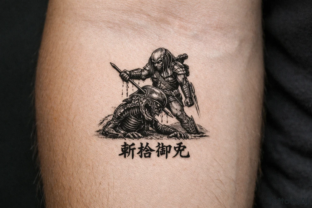 predator killing alien, alien is crawling from the ground. Predator stands up tall, driving his spear with his right hand through the xenomorphs big head with acid coming down, the spear is visible at the other side of the penetration. The predator's left shoulder has its laser gun pointed down. the Left forerarm has its famous doubled blade out. Below the image the japanese inscription for kirisute gomen tattoo idea