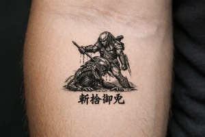 predator killing alien, alien is crawling from the ground. Predator stands up tall, driving his spear with his right hand through the xenomorphs big head with acid coming down, the spear is visible at the other side of the penetration. The predator's left shoulder has its laser gun pointed down. the Left forerarm has its famous doubled blade out. Below the image the japanese inscription for kirisute gomen tattoo idea