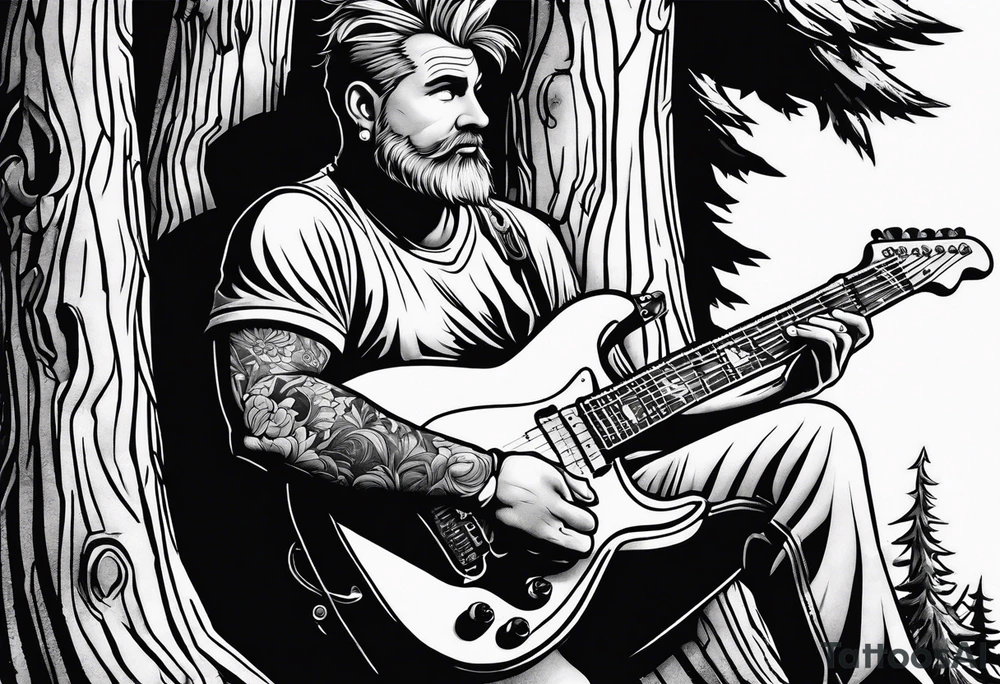 a cartoon drawing of a man sitting in a pine tree playing electric guitar tattoo idea