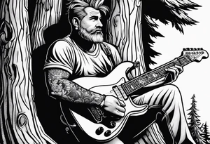a cartoon drawing of a man sitting in a pine tree playing electric guitar tattoo idea
