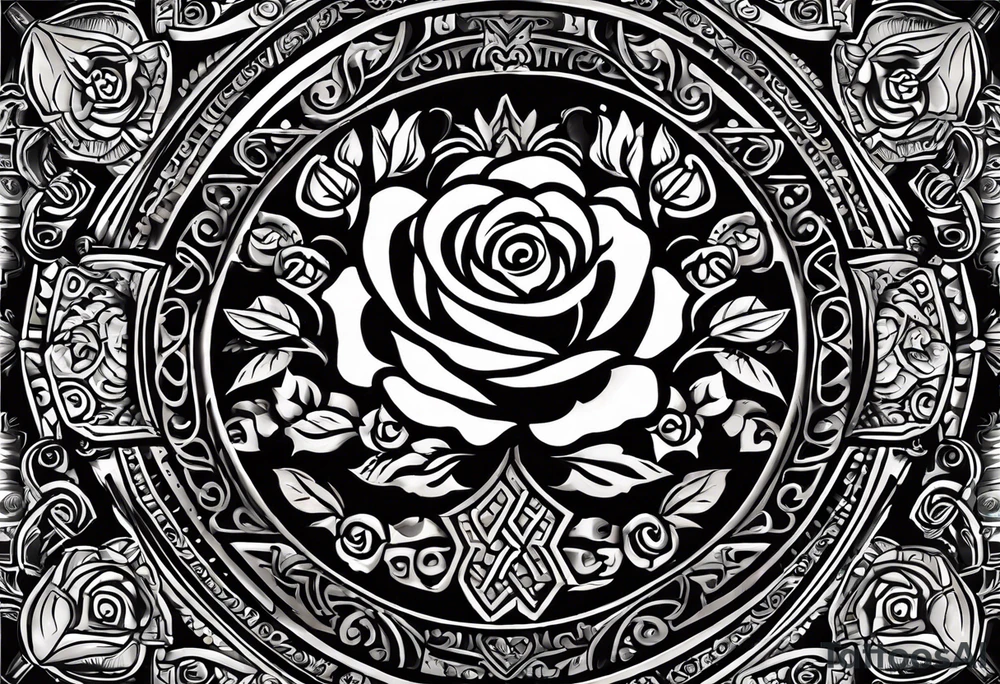 Design a masculine tattoo depicting three delicate rose buds being embraced and protected by 
Aztec weapons. The weapons should include elements such as the macuahuitl (Aztec sword-club)
, arranged in a way that forms a protective circle or embrace around the roses. Carve the entire image as if it were a stone sculpture by an ancient Aztec artist, with the texture resembling intricately detailed stone carvings. The roses should be slightly softer but still stylized in stone, giving the entire tattoo a powerful, yet artistic and ancient feel. Use bold, sharp lines to capture the essence of Aztec craftsmanship tattoo idea