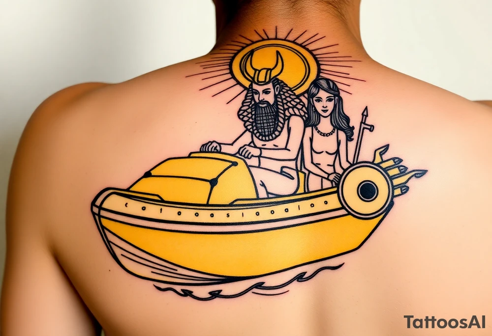 "Anubis driving a yellow Uber-styled solar barge.  
Passengers:  
- Голый Пикассо (из «Ампир V»)  
- Алиса (с табличкой 'Аид – 5★')  
Meter reads: *'SOUL: 4.8 rating (would not reincarnate)'*.  

Style: Urban hieroglyph. Black/yellow. Calf." tattoo idea