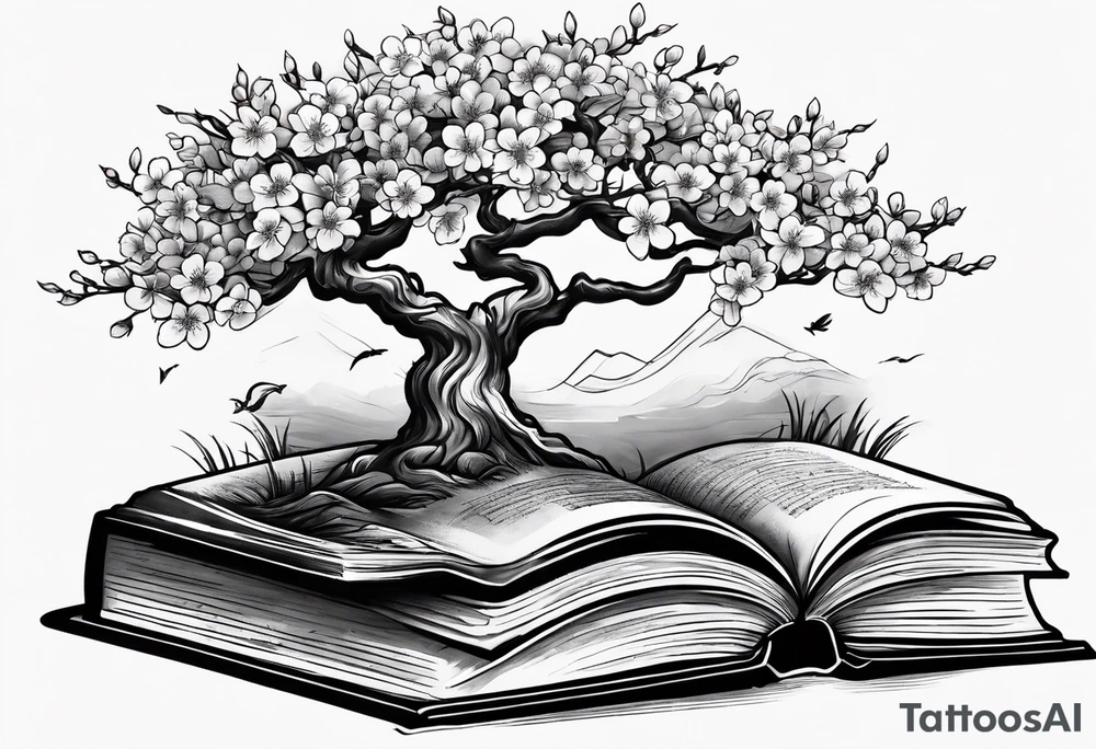 Cherry blossom tree growing out of a stack of books tattoo idea