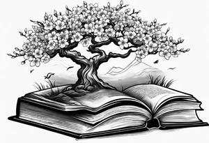 Cherry blossom tree growing out of a stack of books tattoo idea