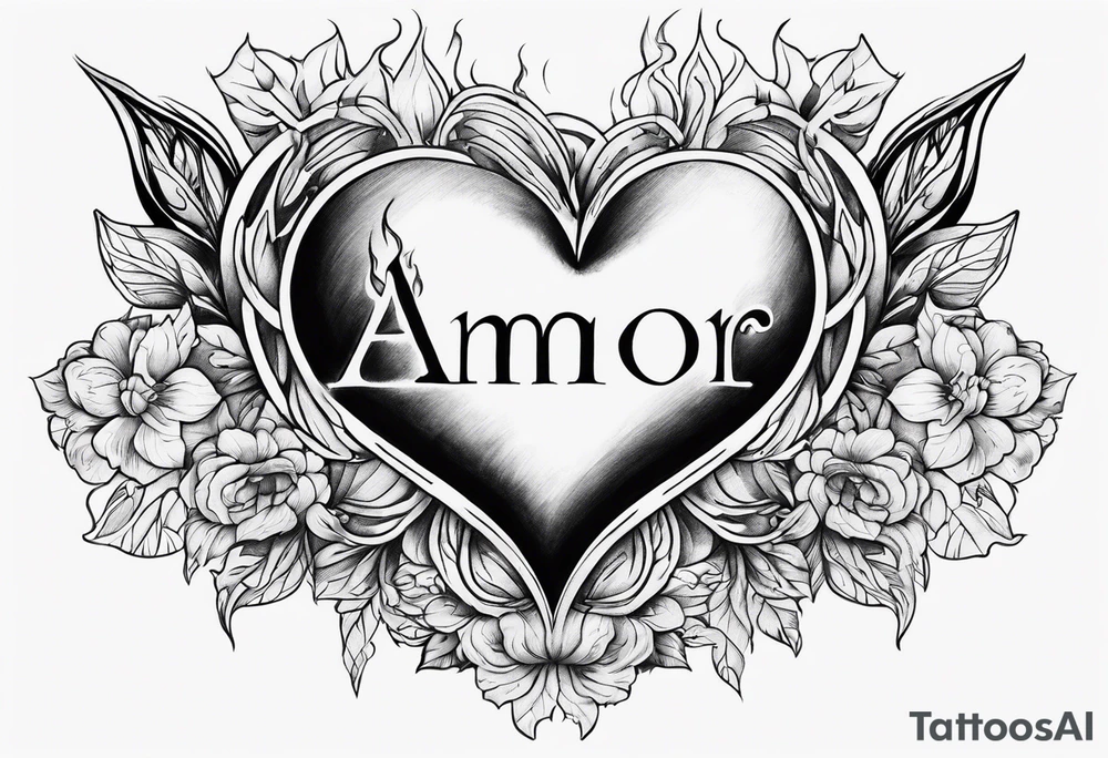 The word
 Amor fati with a burning heart tattoo idea