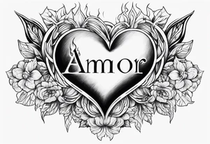 The word
 Amor fati with a burning heart tattoo idea