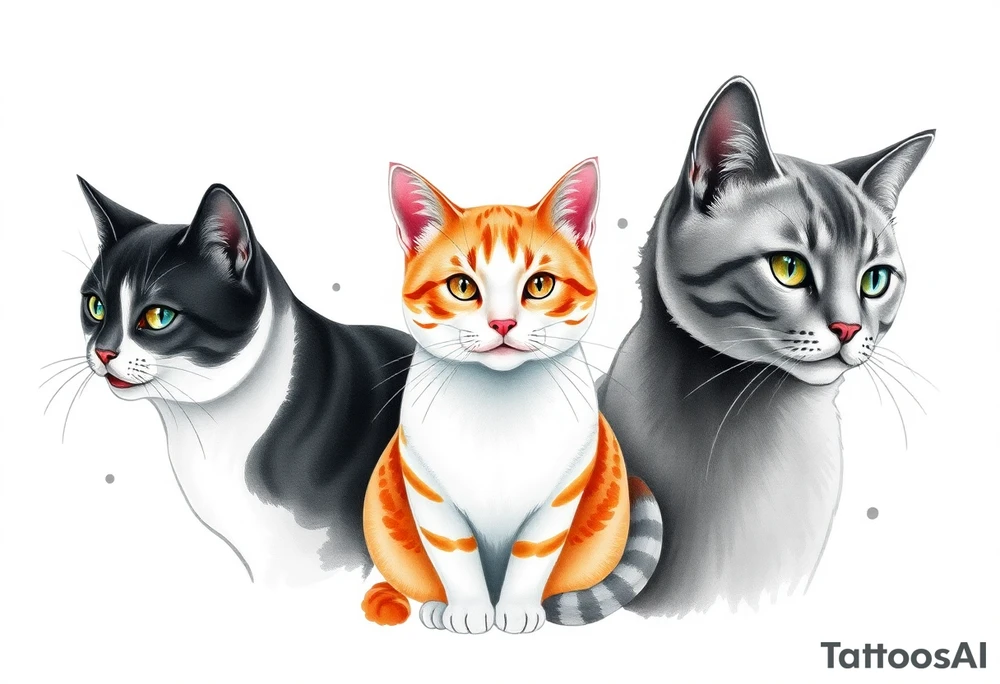 three cats, one black and white cat, one orange and white cat and one grey tabby cat tattoo idea
