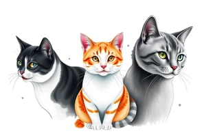 three cats, one black and white cat, one orange and white cat and one grey tabby cat tattoo idea