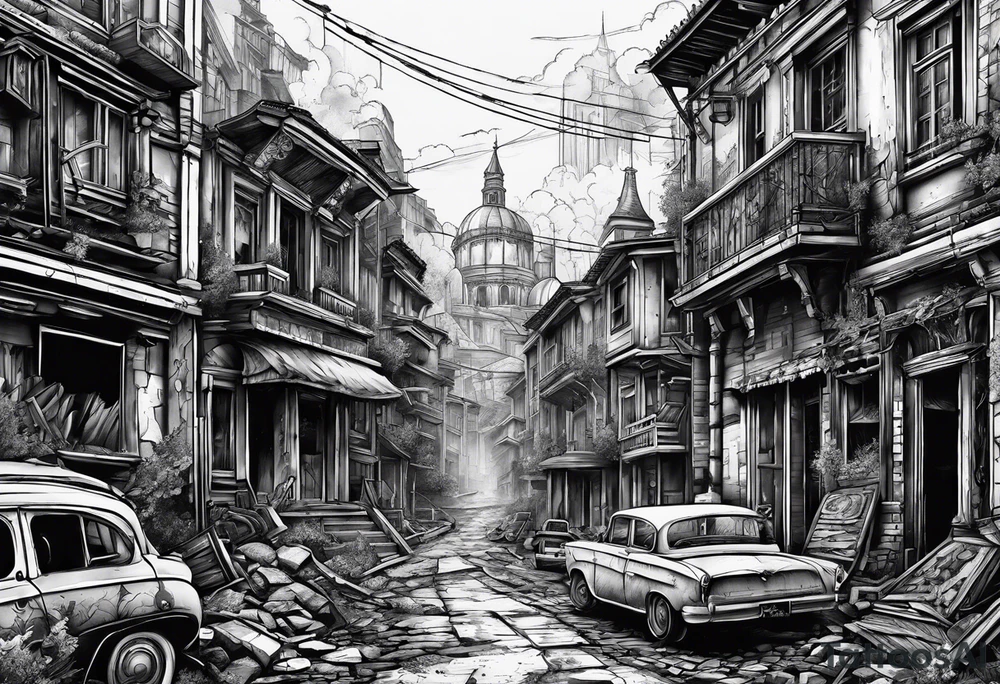 destroyed city made by lines tattoo idea