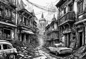 destroyed city made by lines tattoo idea