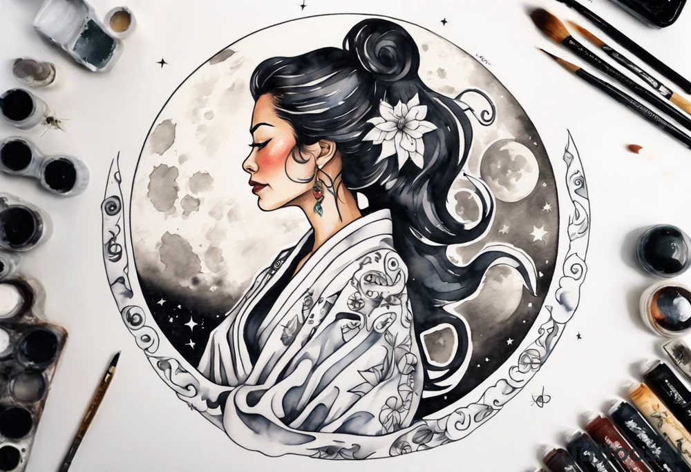 a watercolor of a beautiful 40-year-old latina woman wearing black and white robes standing on the moon tattoo idea