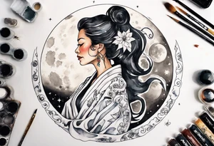 a watercolor of a beautiful 40-year-old latina woman wearing black and white robes standing on the moon tattoo idea