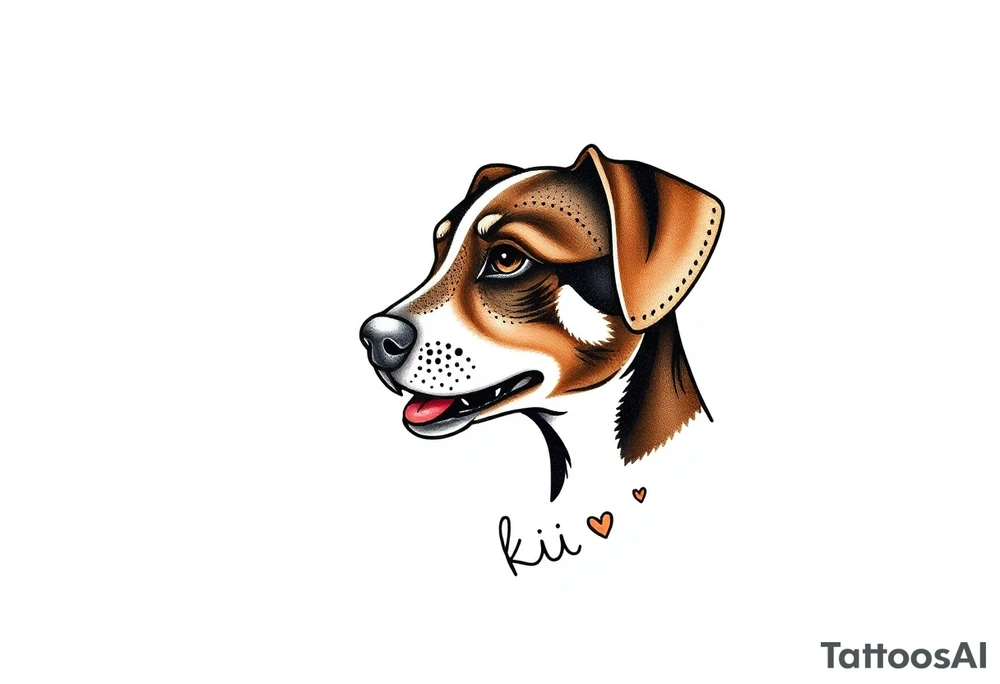 One line tattoo of female dog with white strip going up dog’s snout slightly off centered. Brown brindled and the dogs tongue slightly out with  the name kiwi and Just the colors black  white brown with a small heart near by tattoo idea