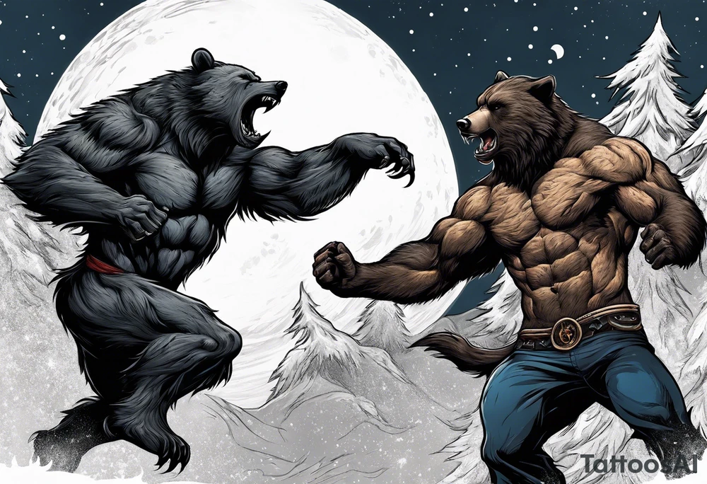 Muscular werewolf and muscular bear fighting under a moon tattoo idea