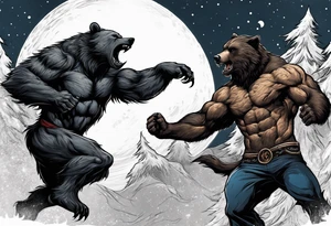 Muscular werewolf and muscular bear fighting under a moon tattoo idea