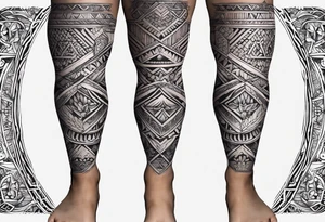 Hindu Sanskrit tribal design on right lower leg, below knee to top of feet tattoo idea