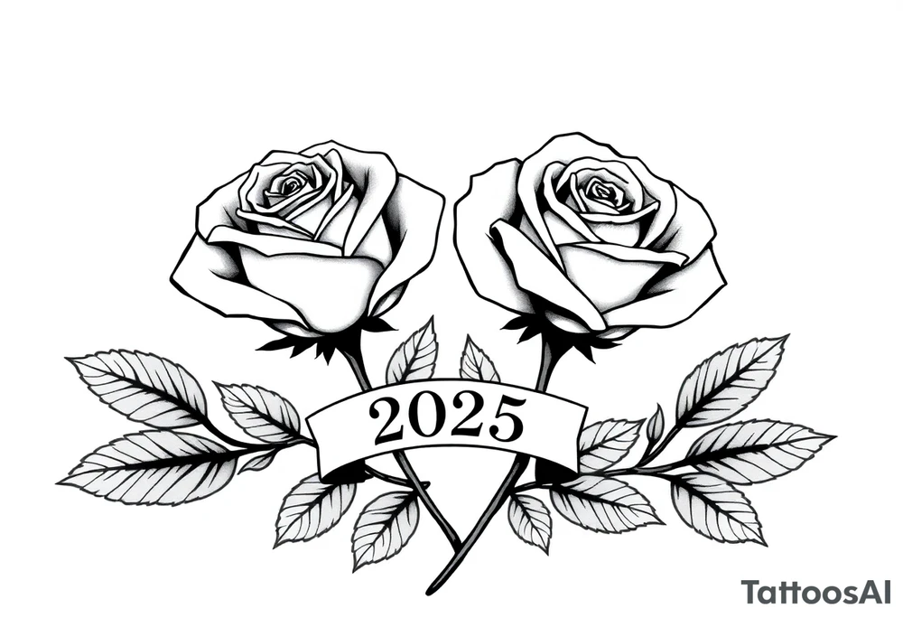 two beautiful large rose buds, one larger than the other, with many leaves next to the rose buds, with one sitting higher than the other. Include a banner connecting the two roses with the year 2025 on it.   Use dark outlines with little shading. The two stems should be short, not long, and connect and join into one stem, whimsically curved or twisted - not straight down. tattoo idea