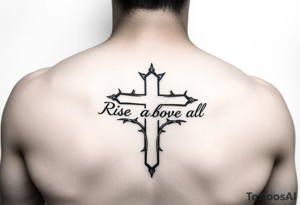 cross tattoo with thorns saying rise above all tattoo idea