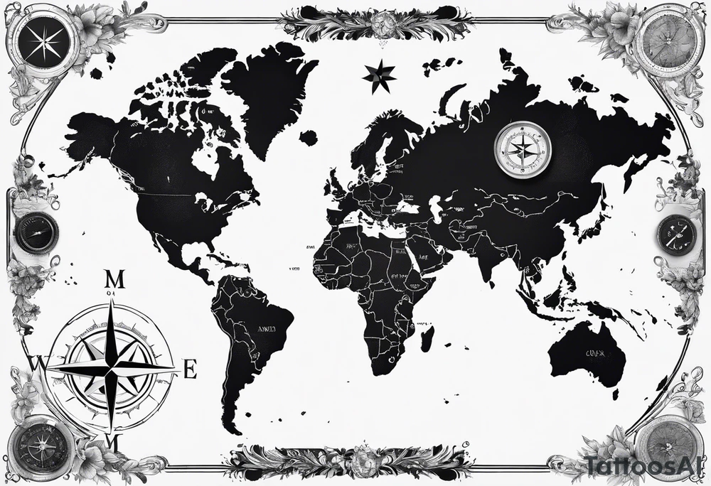 world map with a compass for a full arm tattoo idea